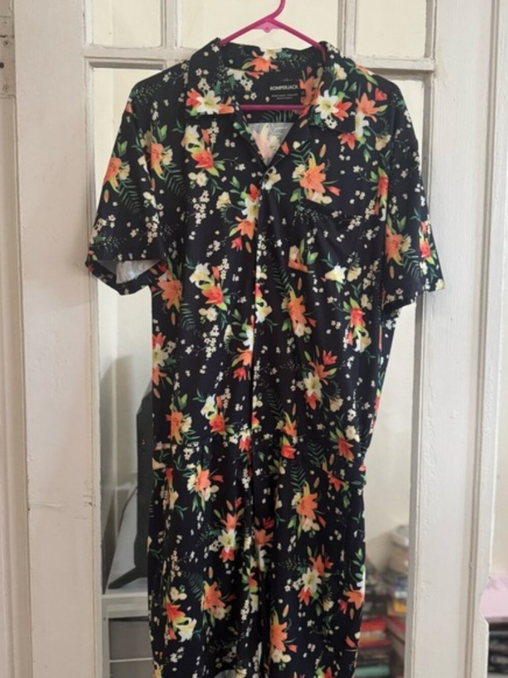 Black Floral Short Sleeve Men’s Romper with Orange & Green Blooms